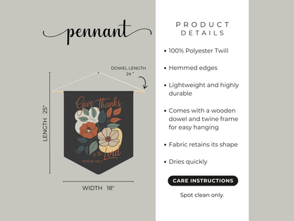 Product details of a decorative pennant with floral design on a black background