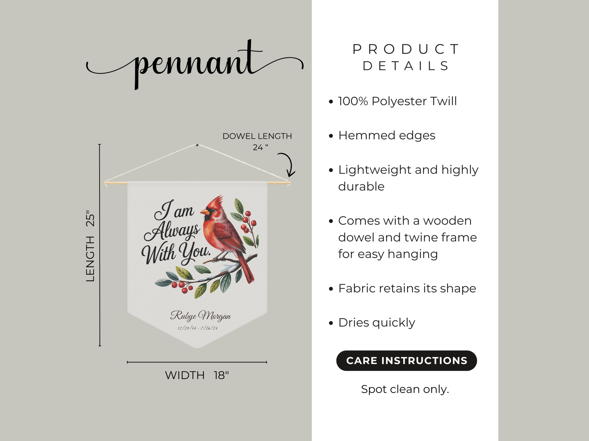 Pennant with cardinal design and product details on a gray background