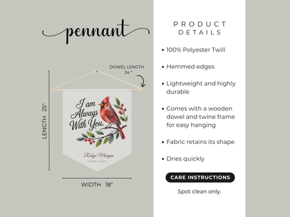 Pennant with cardinal design and product details on a gray background