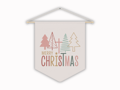 Decorative banner with Christmas trees and 'Merry Christmas' text on a soft pink background