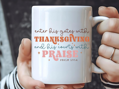 White mug with inspirational quote held by a person