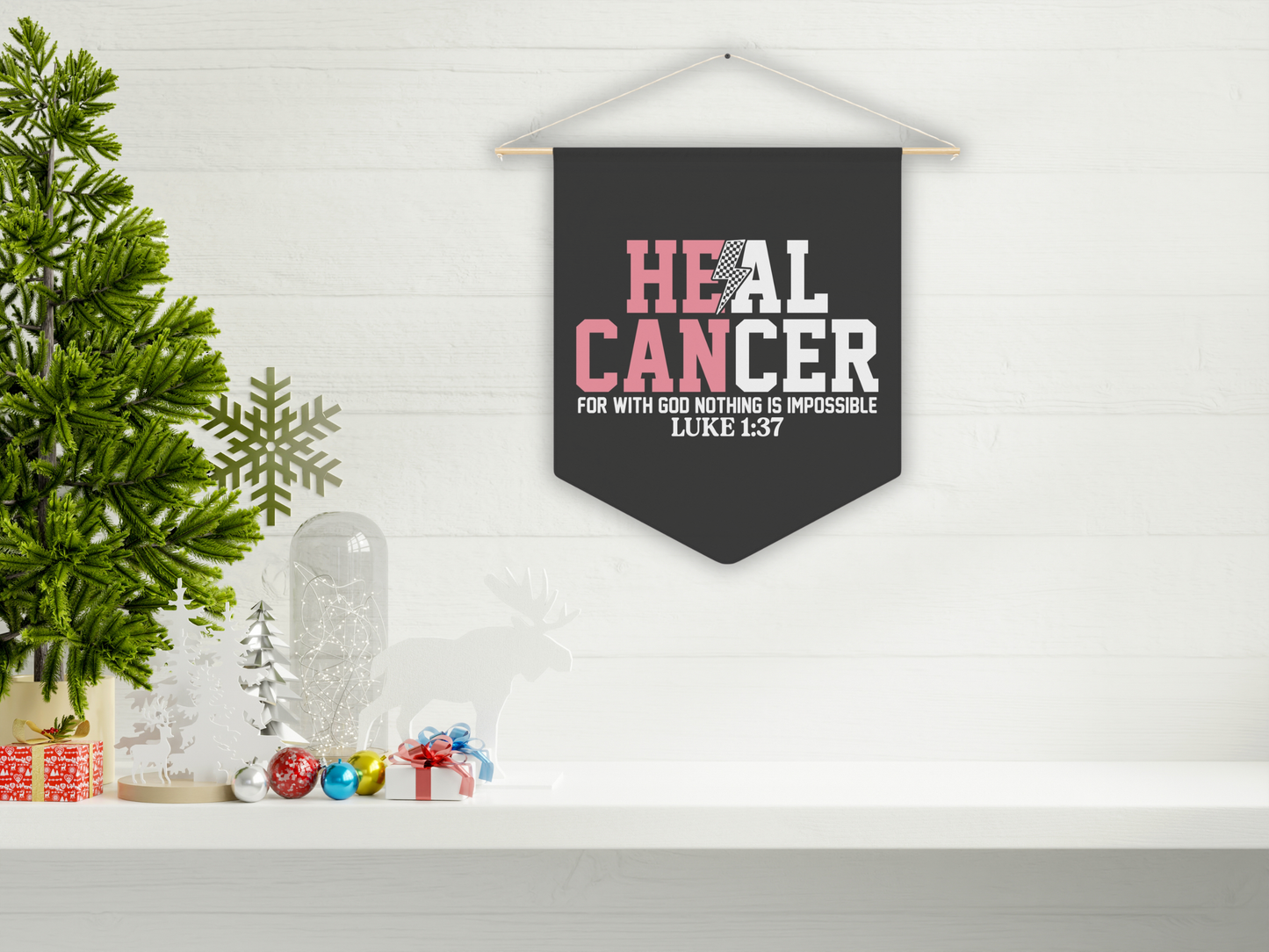 Decorative wall hanging with motivational quote on a shelf with Christmas decorations.