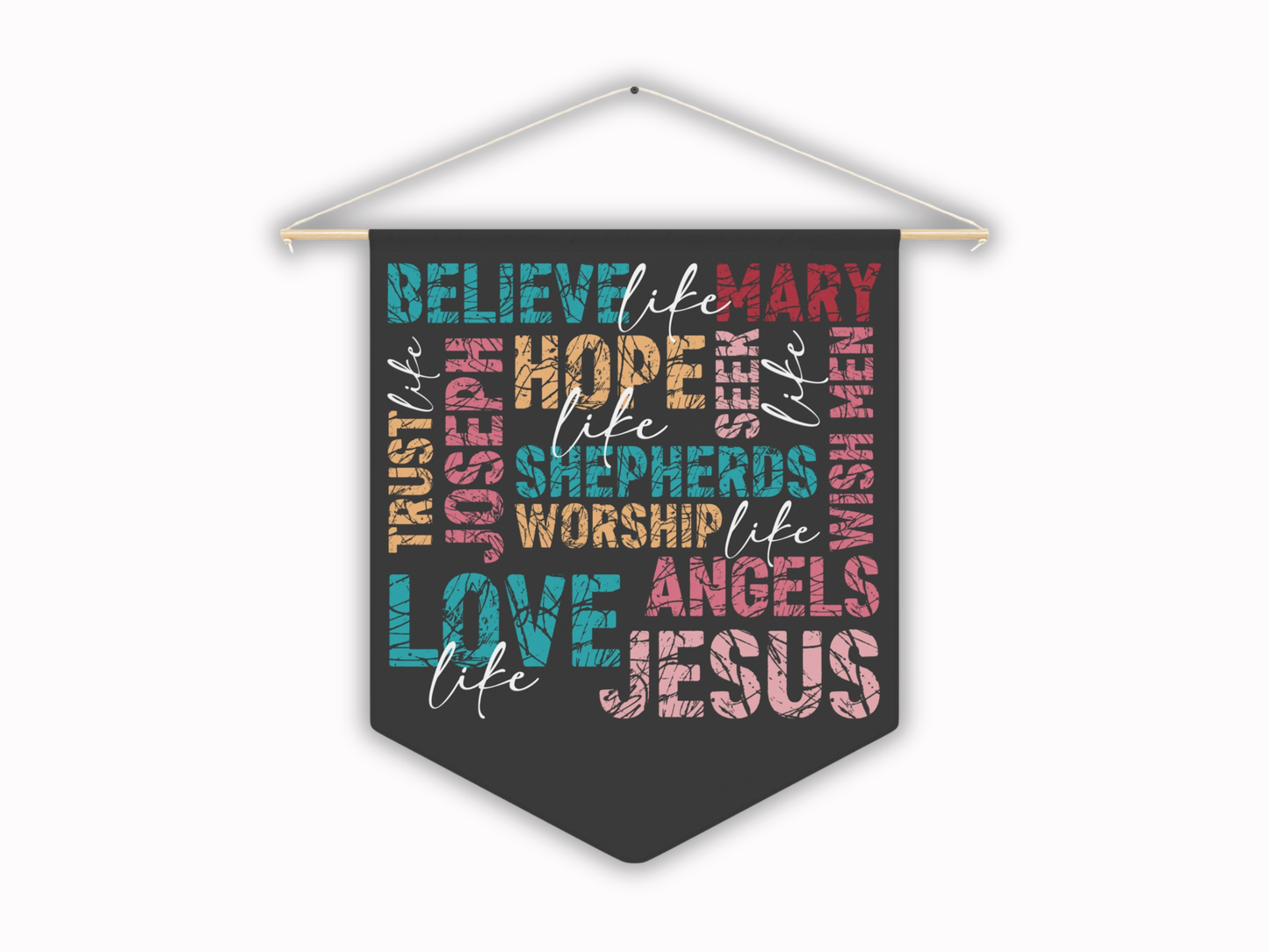 Decorative banner with religious text on a white background