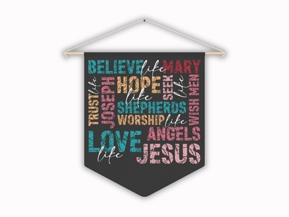 Decorative banner with religious text on a white background