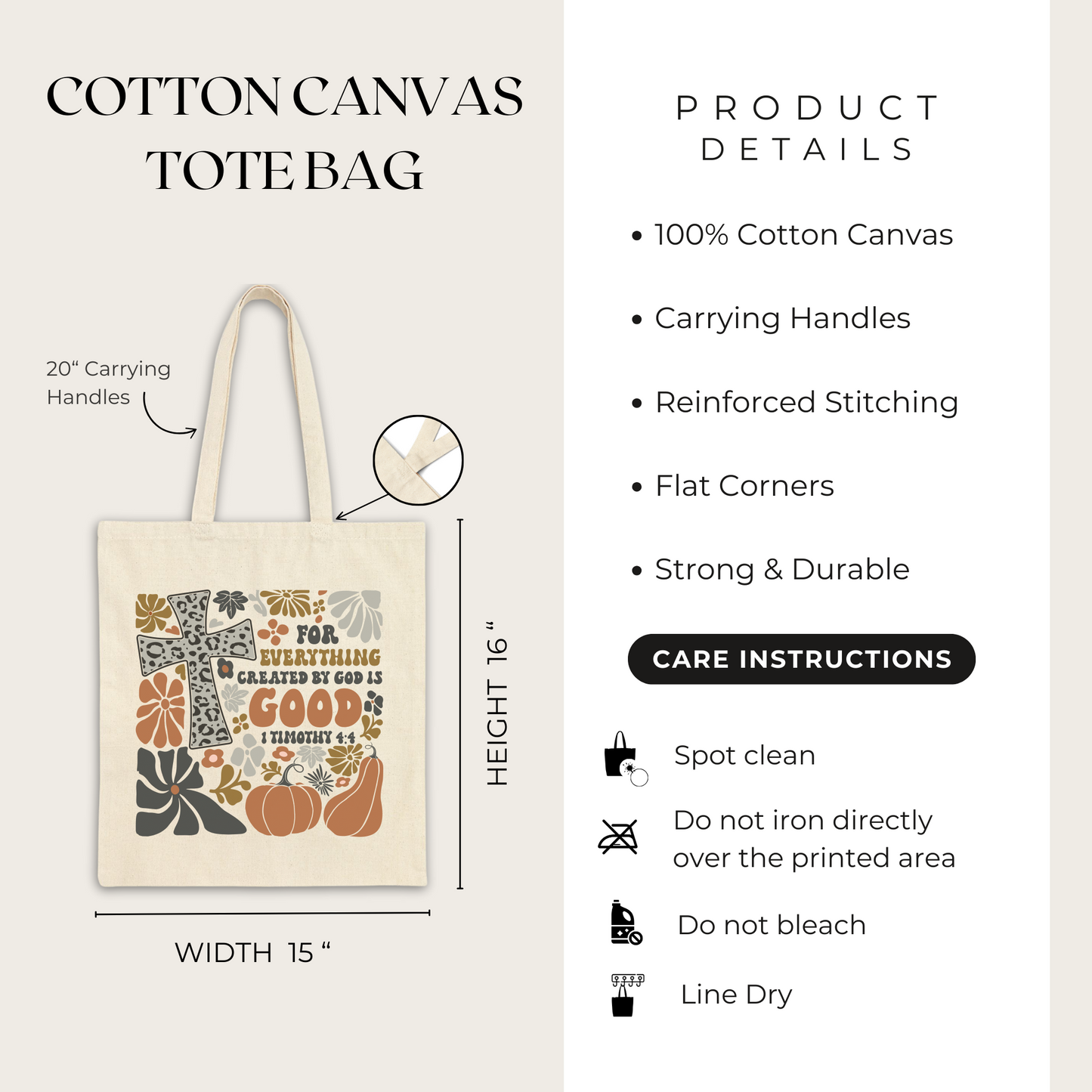 Cotton canvas tote bag with design and product details on a white background