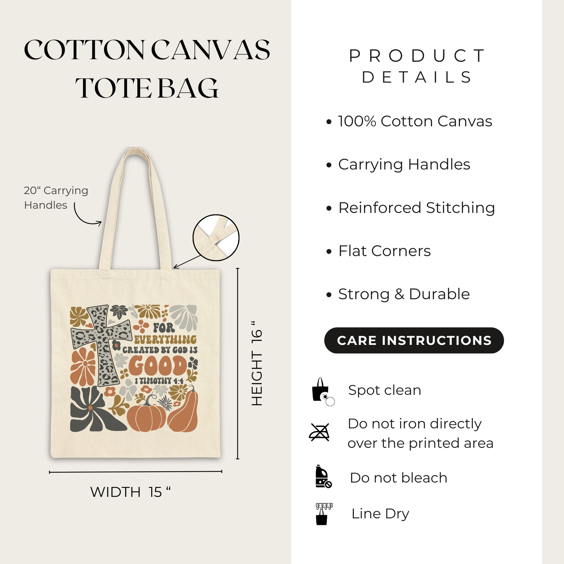 Cotton canvas tote bag with design and product details on a white background
