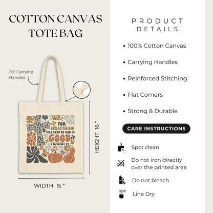 Cotton canvas tote bag with design and product details on a white background