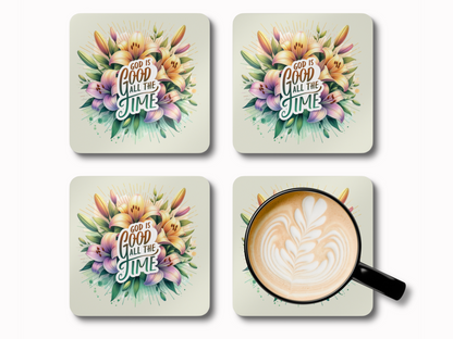 Set of four floral scripture coasters featuring “God is Good All the Time” in bold lettering, styled with latte art coffee mug.