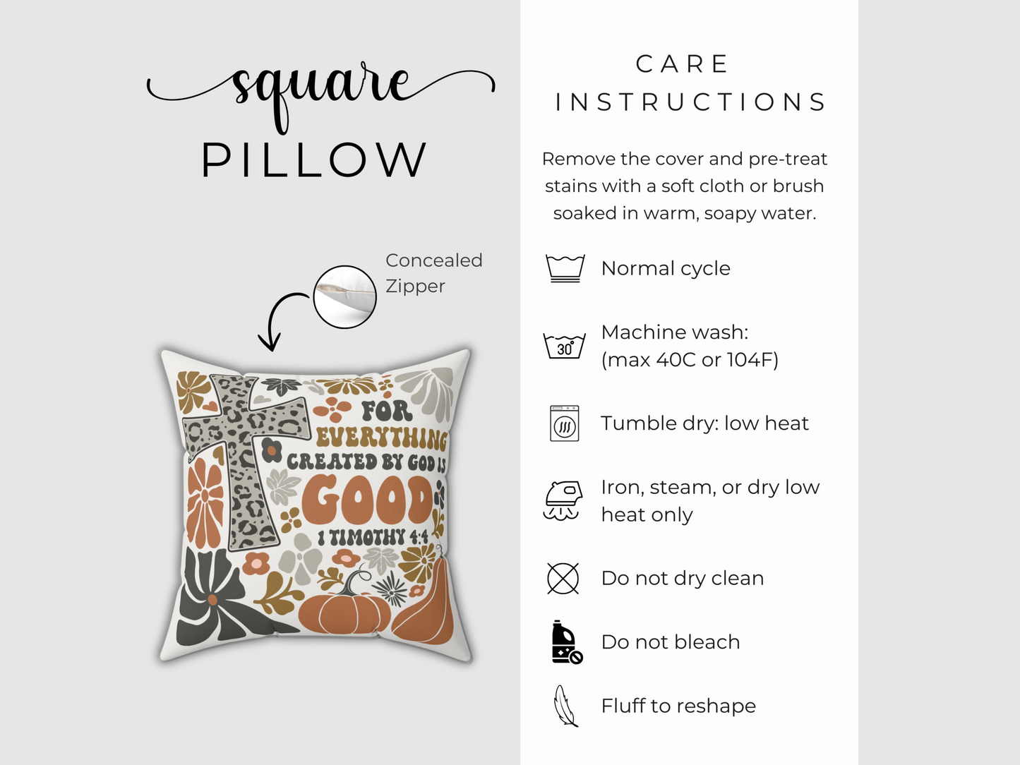 Square scripture pillow product display with concealed zipper and care instructions including machine wash, tumble dry, and no bleach or dry clean.
