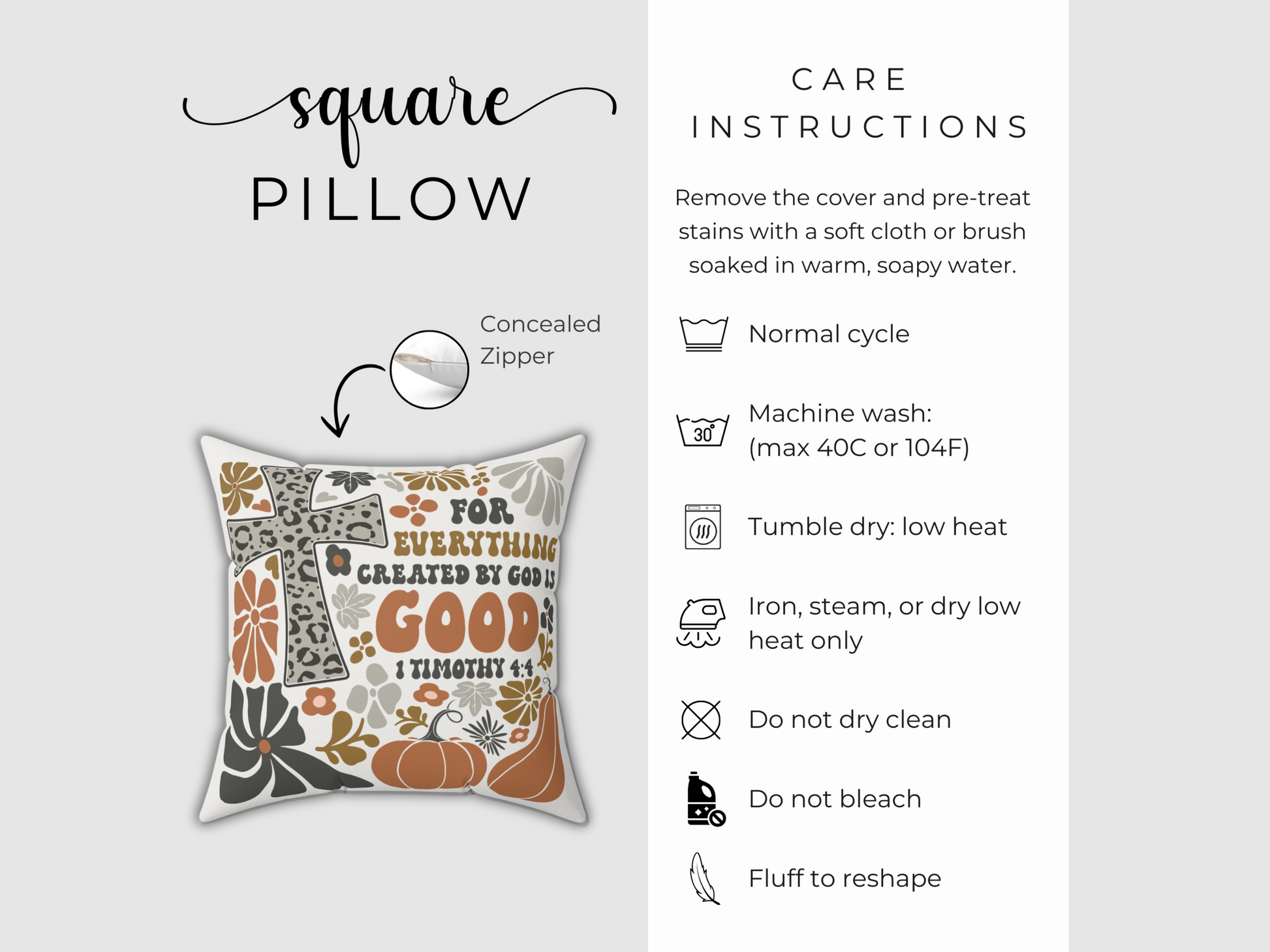 Square scripture pillow product display with concealed zipper and care instructions including machine wash, tumble dry, and no bleach or dry clean.