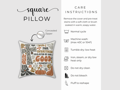 Square scripture pillow product display with concealed zipper and care instructions including machine wash, tumble dry, and no bleach or dry clean.