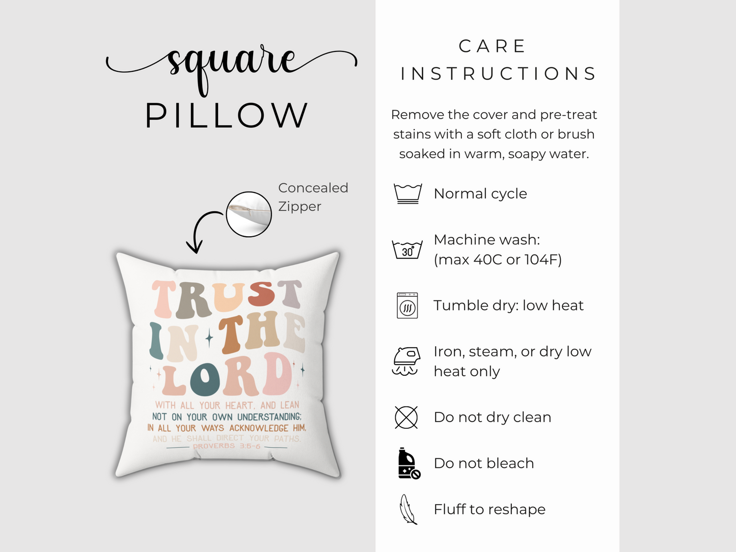 Square pillow product display featuring concealed zipper, care instructions including machine wash, tumble dry, and no bleach or dry clean.