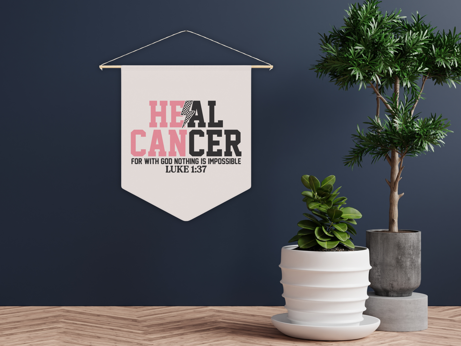 Motivational banner with text 'HEAL CANCER' wall hanging on a wall with potted plants below.