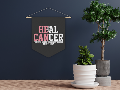 Decorative wall pennant with 'Heal Cancer' text hanging on a wall with potted plants.