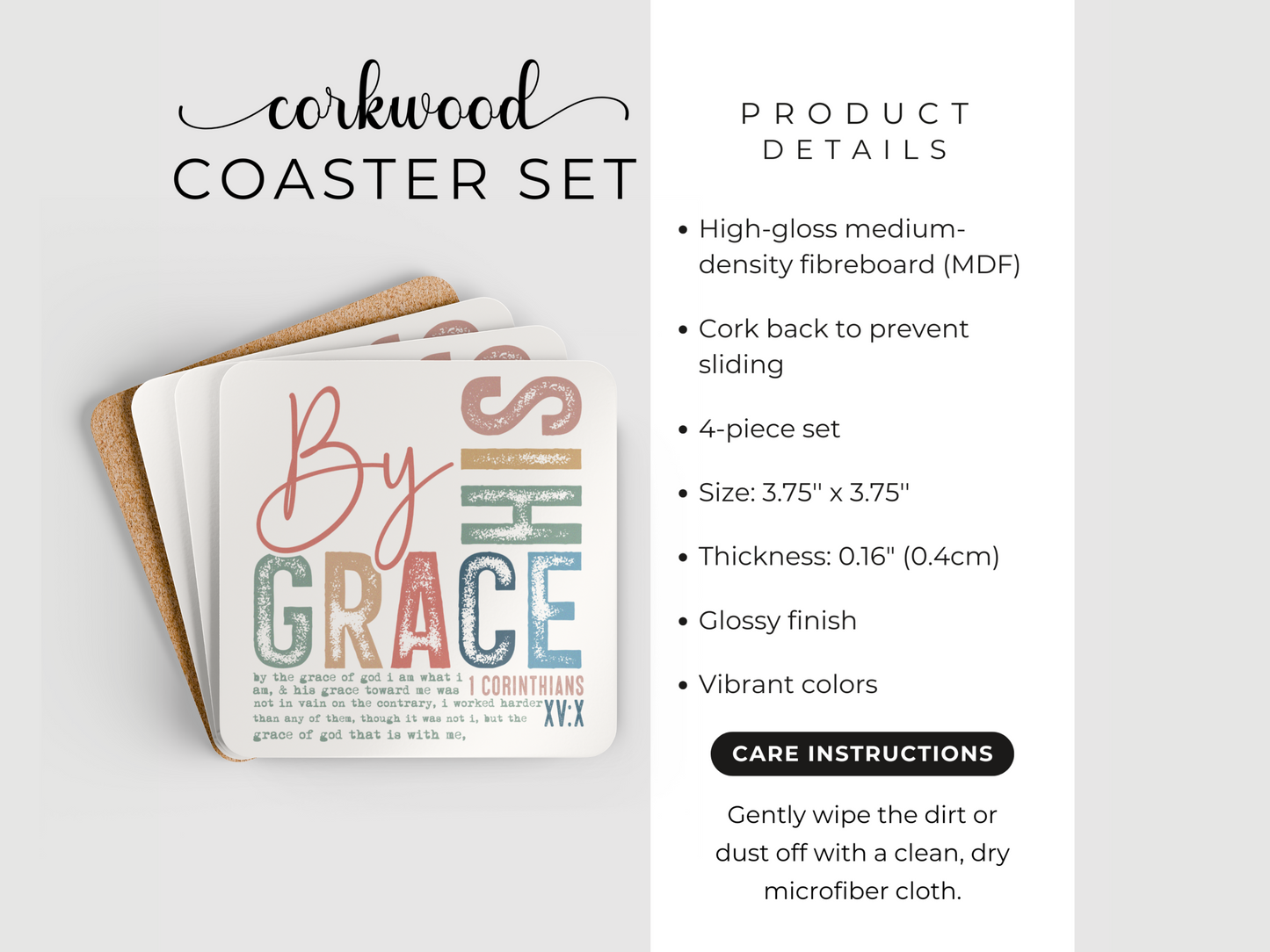 Product display of “By His Grace” corkwood coaster set with details, size, and care instructions.