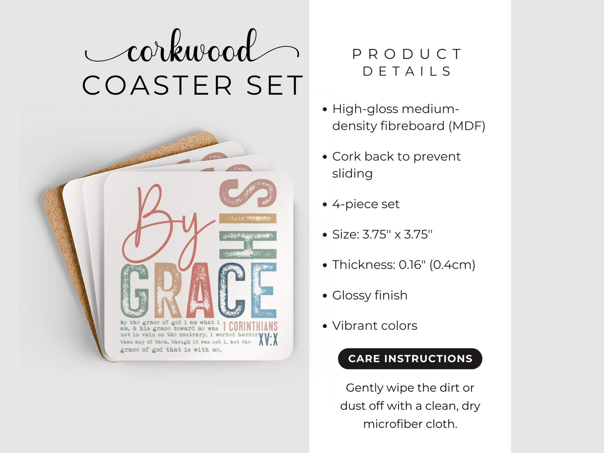 Product display of “By His Grace” corkwood coaster set with details, size, and care instructions.