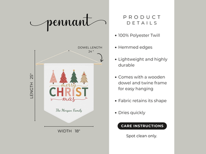 Product details of a Christmas-themed pennant with dimensions and care instructions.