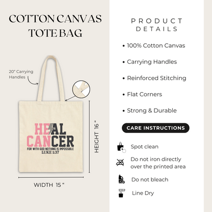 Cotton canvas tote bag with 'HEAL CANCER' text and product details on a white background