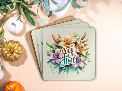 Stack of floral scripture coasters with cork backing, styled alongside pumpkins and greenery for a seasonal fall look.