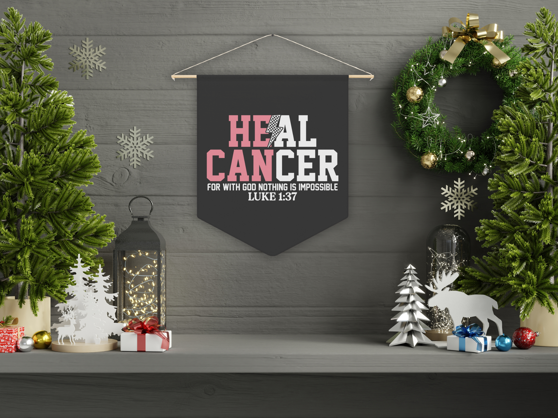 Decorative wall hanging with 'HEAL CANCER' text on a festive background with Christmas decorations.