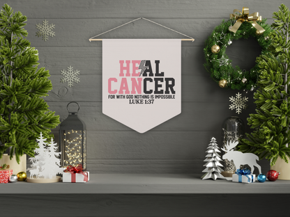 Decorative wall hanging with 'HEAL CANCER' text in a festive setting with Christmas decorations.