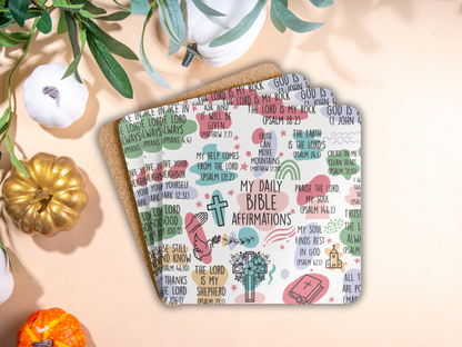 Stack of affirmation coasters with cork backing, styled with pumpkins and greenery for a cozy fall-inspired look.