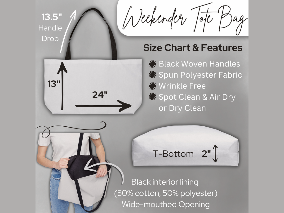 Product display with tote bag size chart, handle drop, T-bottom, fabric details, and care instructions.