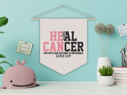 Decorative wall pennant with motivational quote on a light blue wall with decor items.