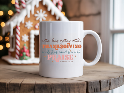 White mug with inspirational quote on a wooden table with festive background
