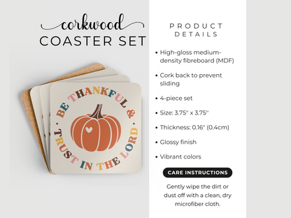 Product display of “Be Thankful & Trust in the Lord” corkwood coaster set with size, details, and care instructions.