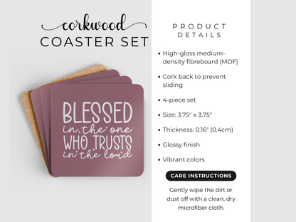 Product detail graphic with stacked mauve coasters, cork backing, and features listed on the right.