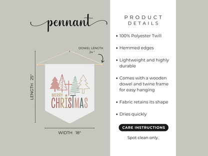 Product details of a Christmas-themed pennant with trees and text on a gray background.
