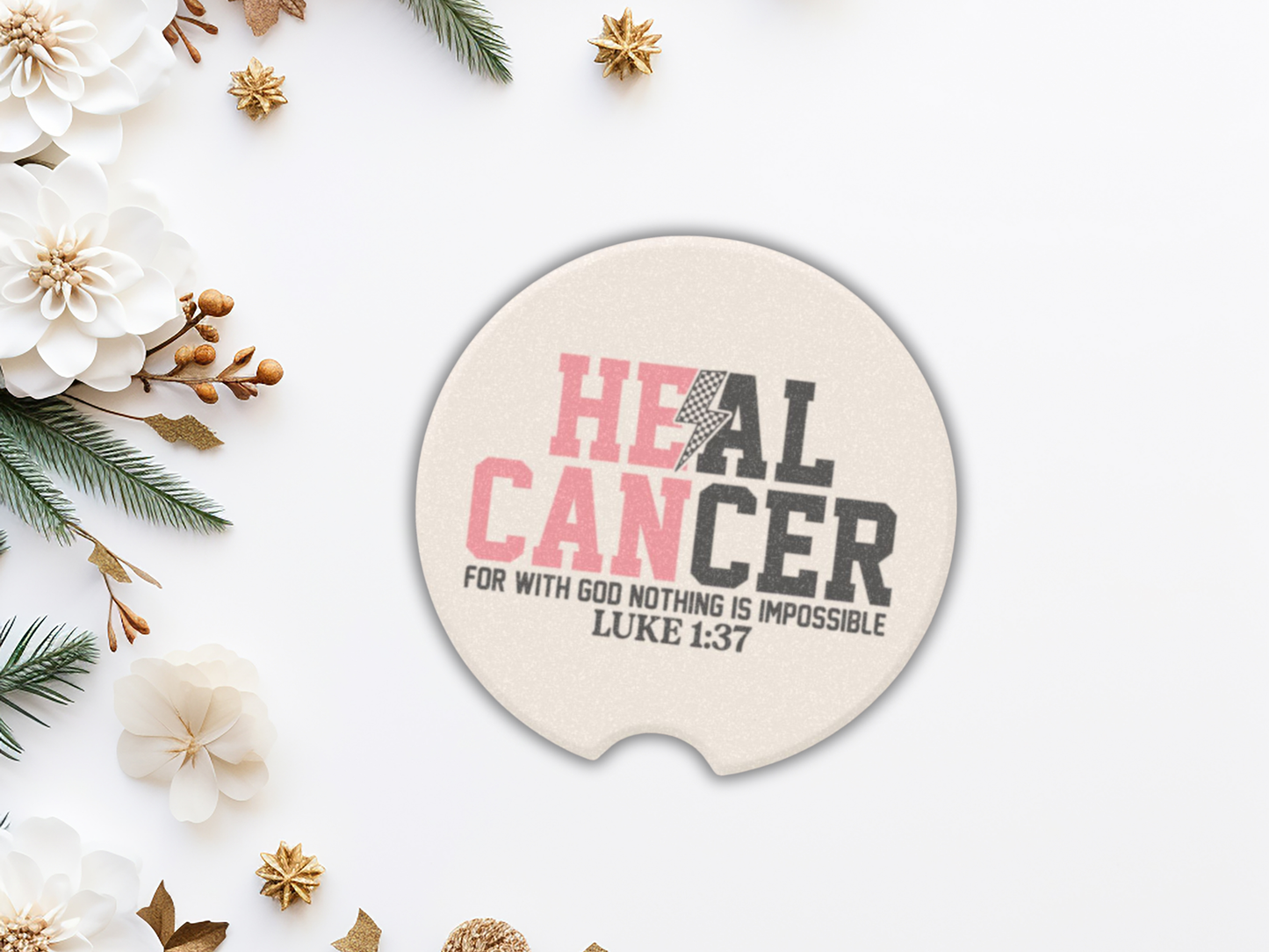 Round car coaster with 'HEAL CANCER' text on a white background with decorative elements