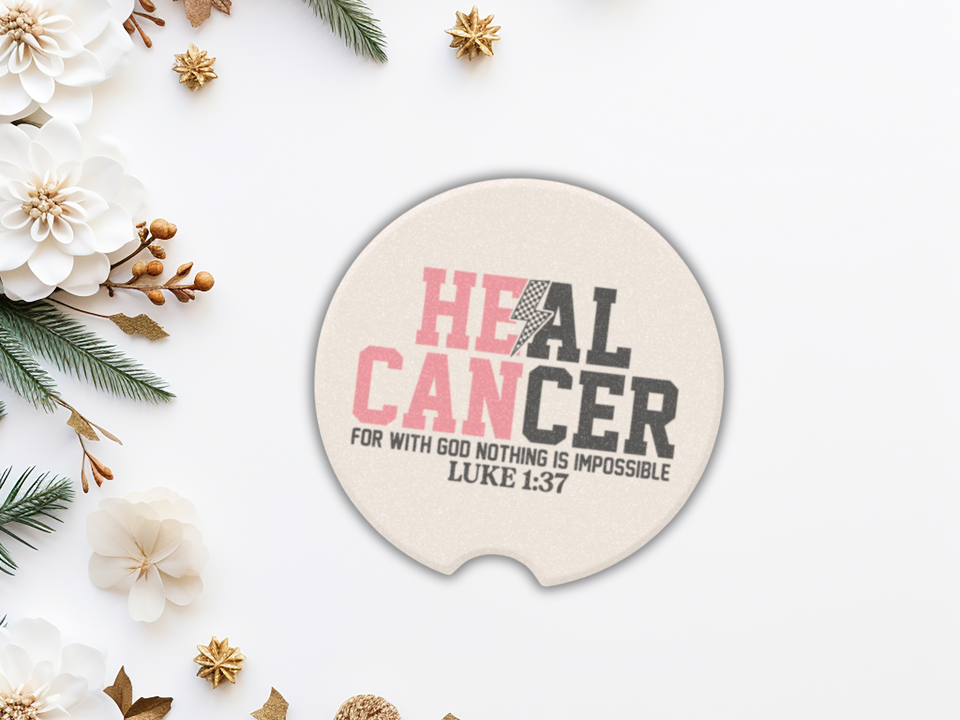 Round car coaster with 'HEAL CANCER' text on a white background with decorative elements