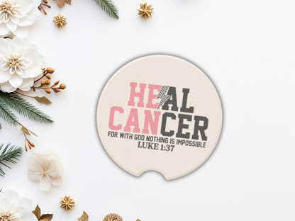 Round car coaster with 'HEAL CANCER' text on a white background with decorative elements