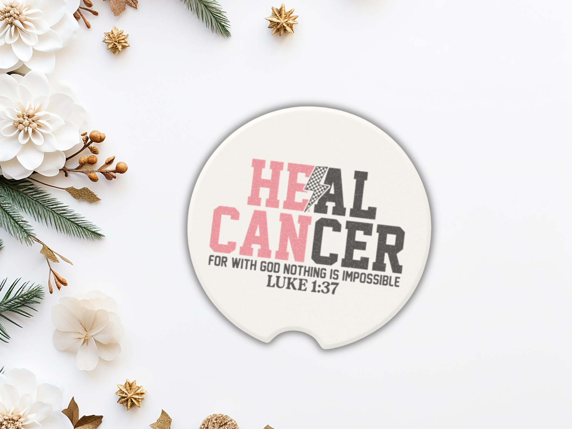 Circular car coaster with 'HEAL CANCER' text on a decorative background with flowers and greenery.