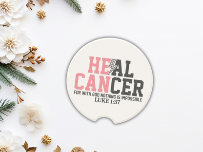 Circular car coaster with 'HEAL CANCER' text on a decorative background with flowers and greenery.