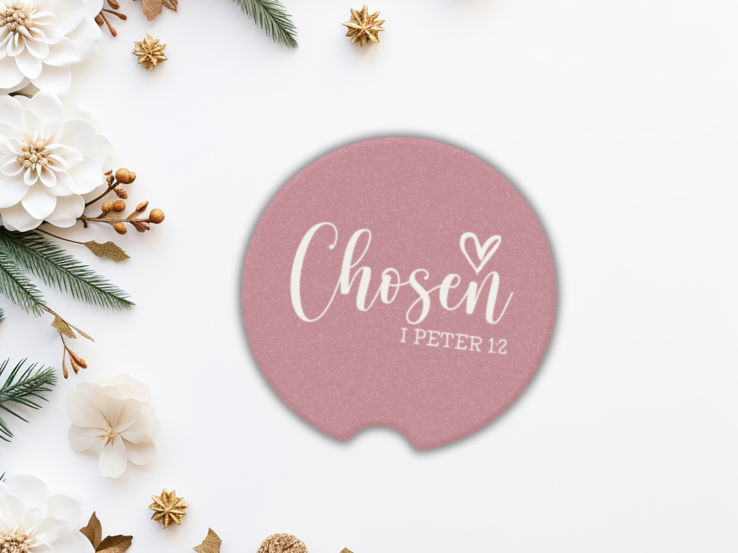 Pink car coaster with 'Chosen 1 Peter 1:2' text on a decorative background with flowers and greenery.