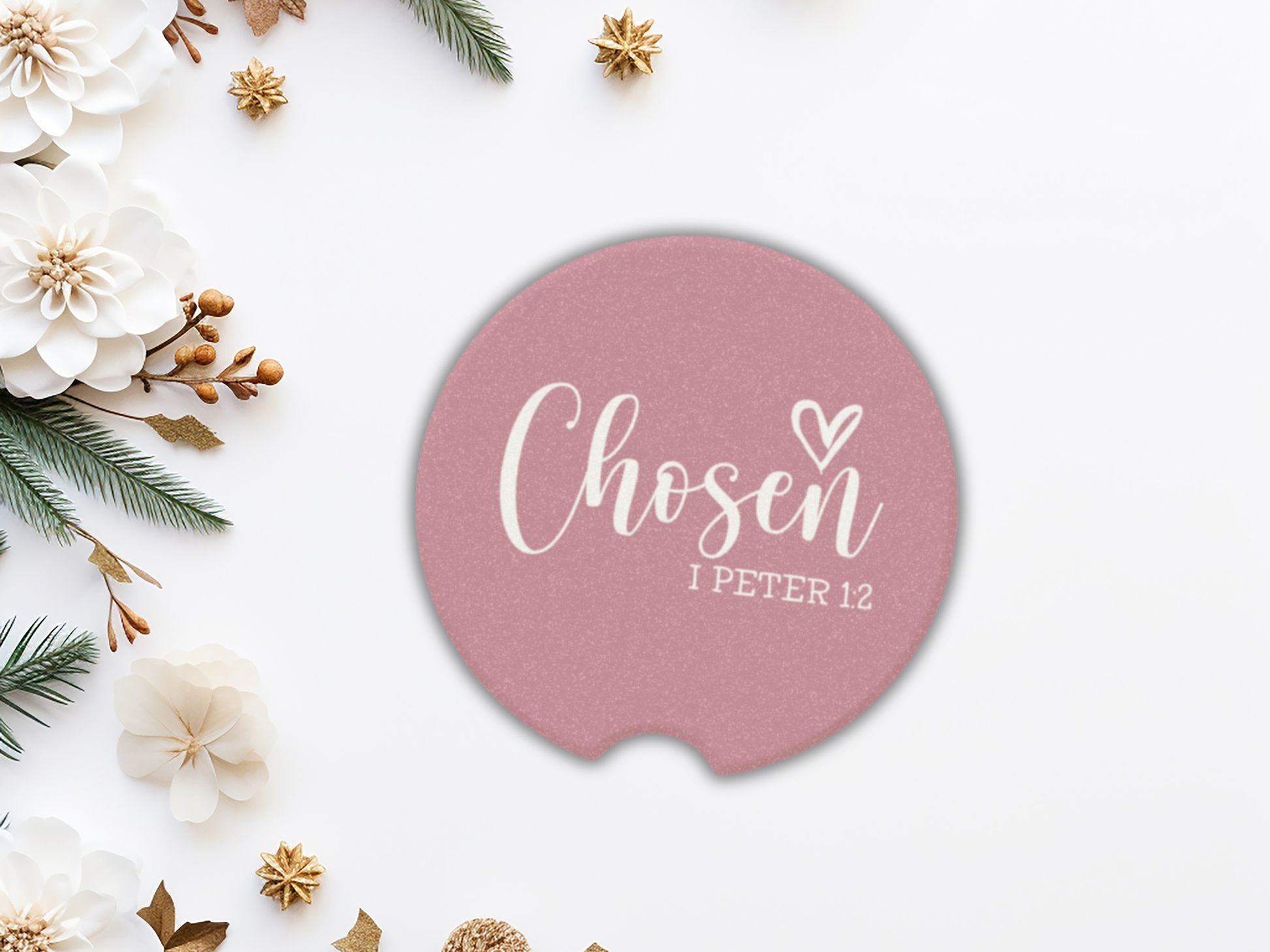 Pink car coaster with 'Chosen 1 Peter 1:2' text on a decorative background with flowers and greenery.
