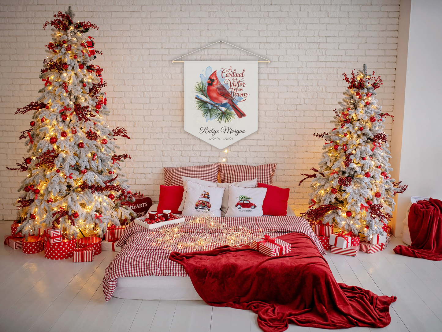 Decorated bedroom with Christmas trees, presents, and festive decor.