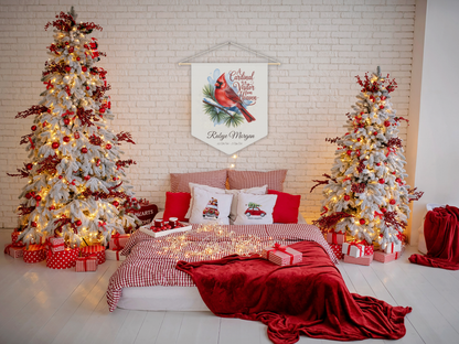 Decorated bedroom with Christmas trees, presents, and festive decor.