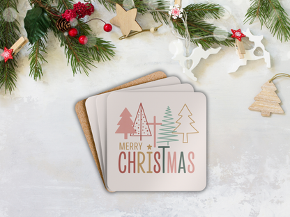 Stack of Christmas-themed coasters with decorative elements on a snowy background