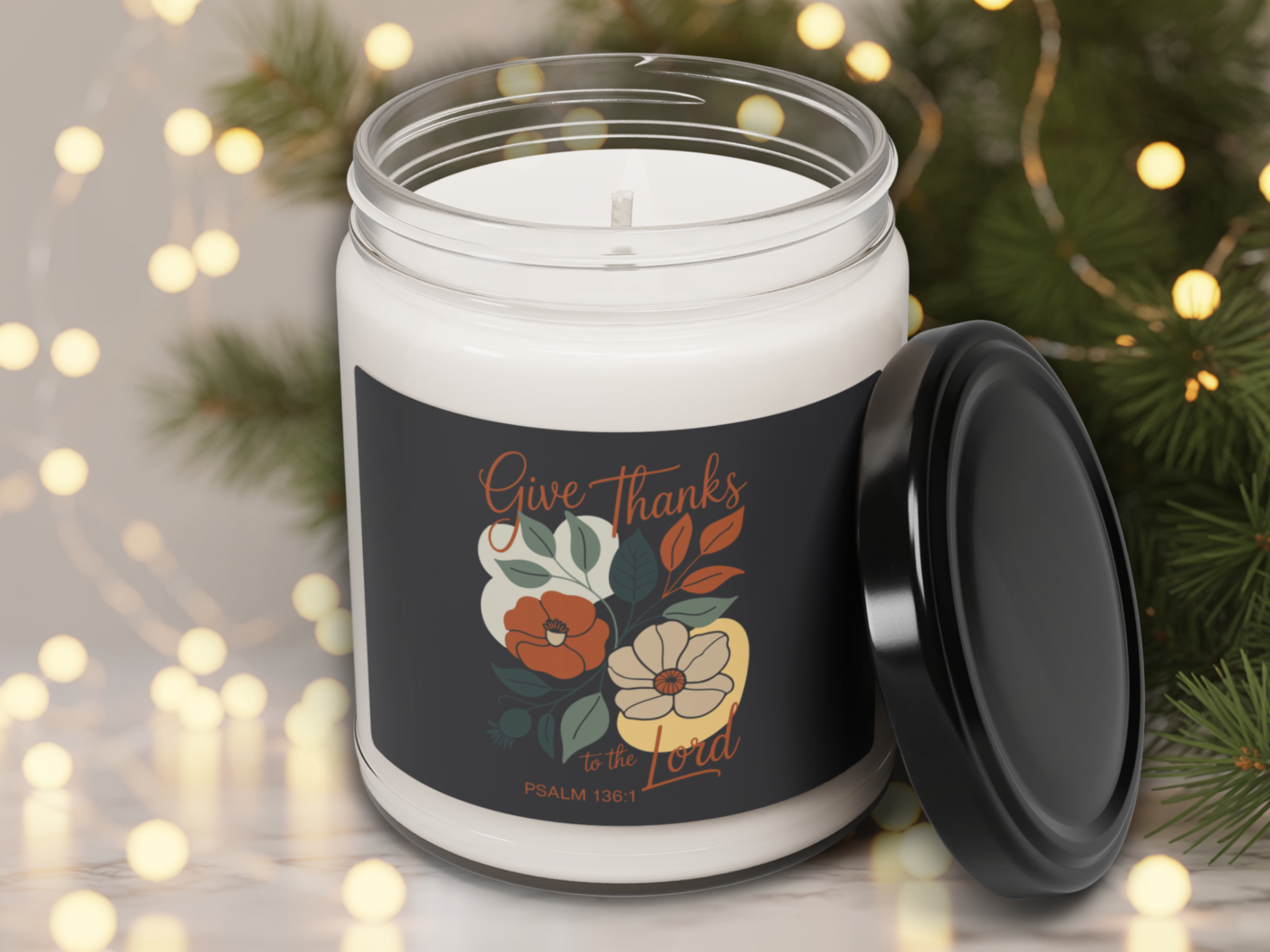 Candle in a jar with a decorative label against a festive background