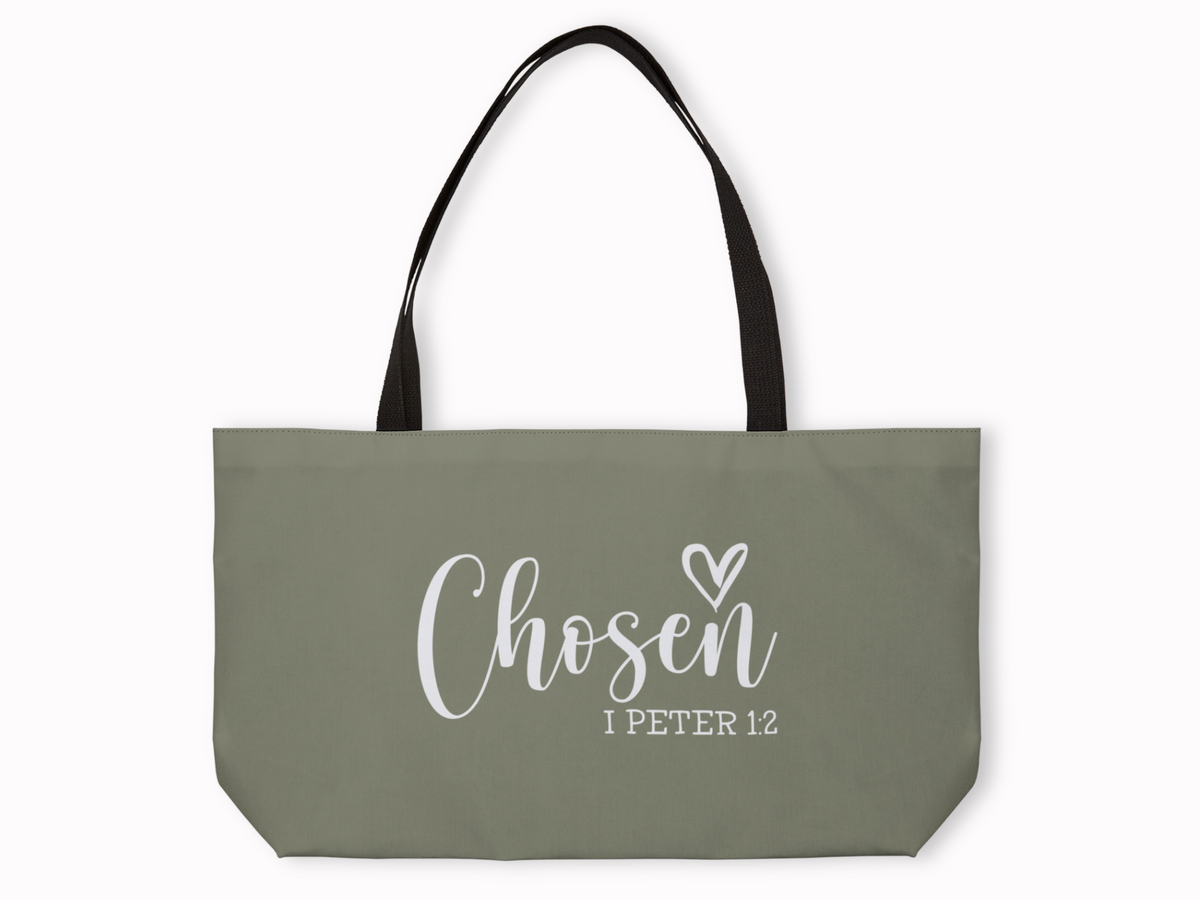 Olive green weekender tote with black straps featuring “Chosen – I Peter 1:2” in white script with heart detail.