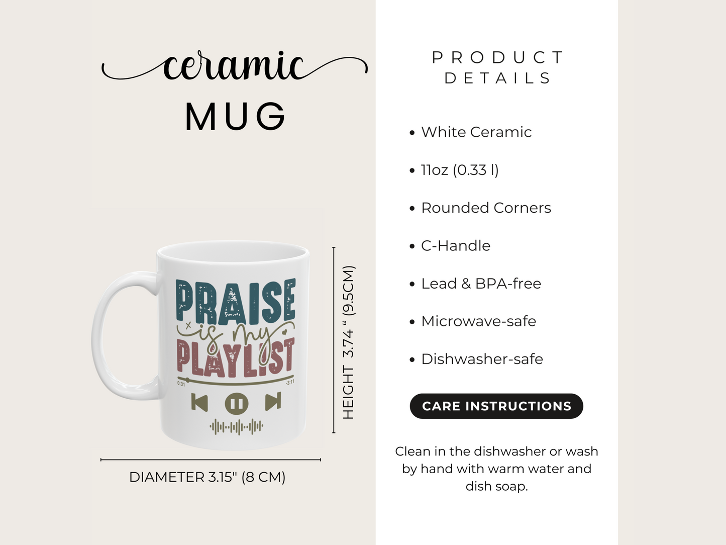 Ceramic mug with 'Praise is my playlist' design and product details on a beige background