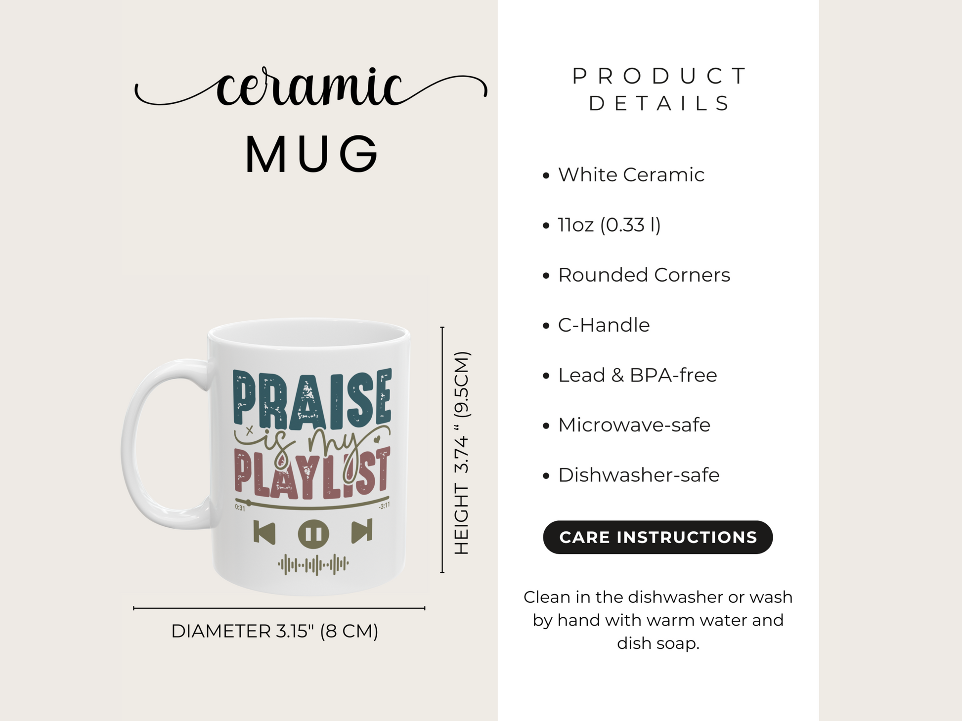 Ceramic mug with 'Praise is my playlist' design and product details on a beige background