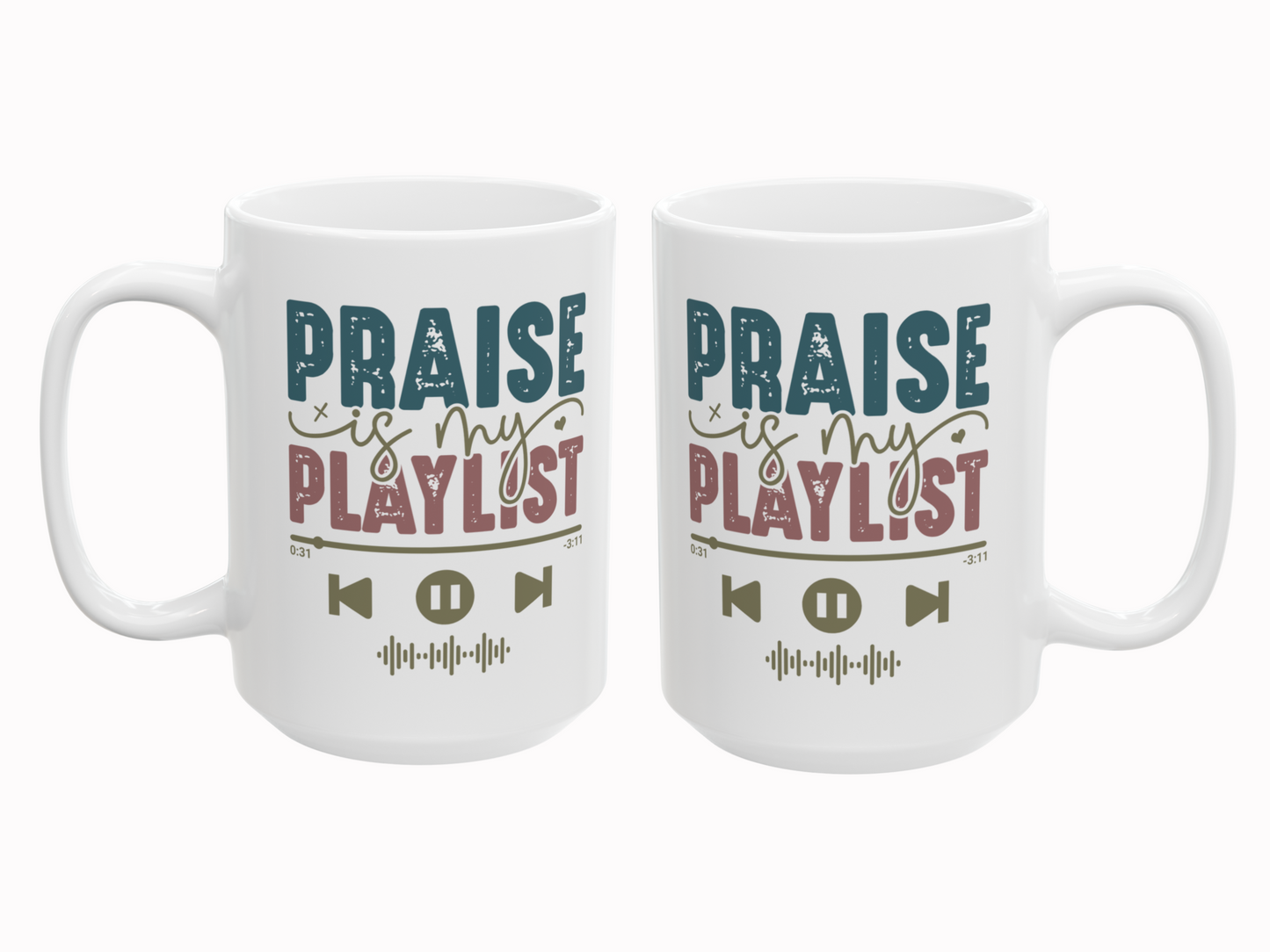 Two white mugs with 'Praise is my Playlist' text on a white background