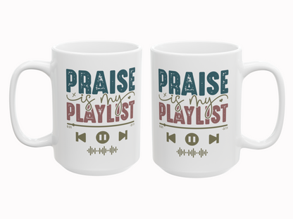 Two white mugs with 'Praise is my Playlist' text on a white background