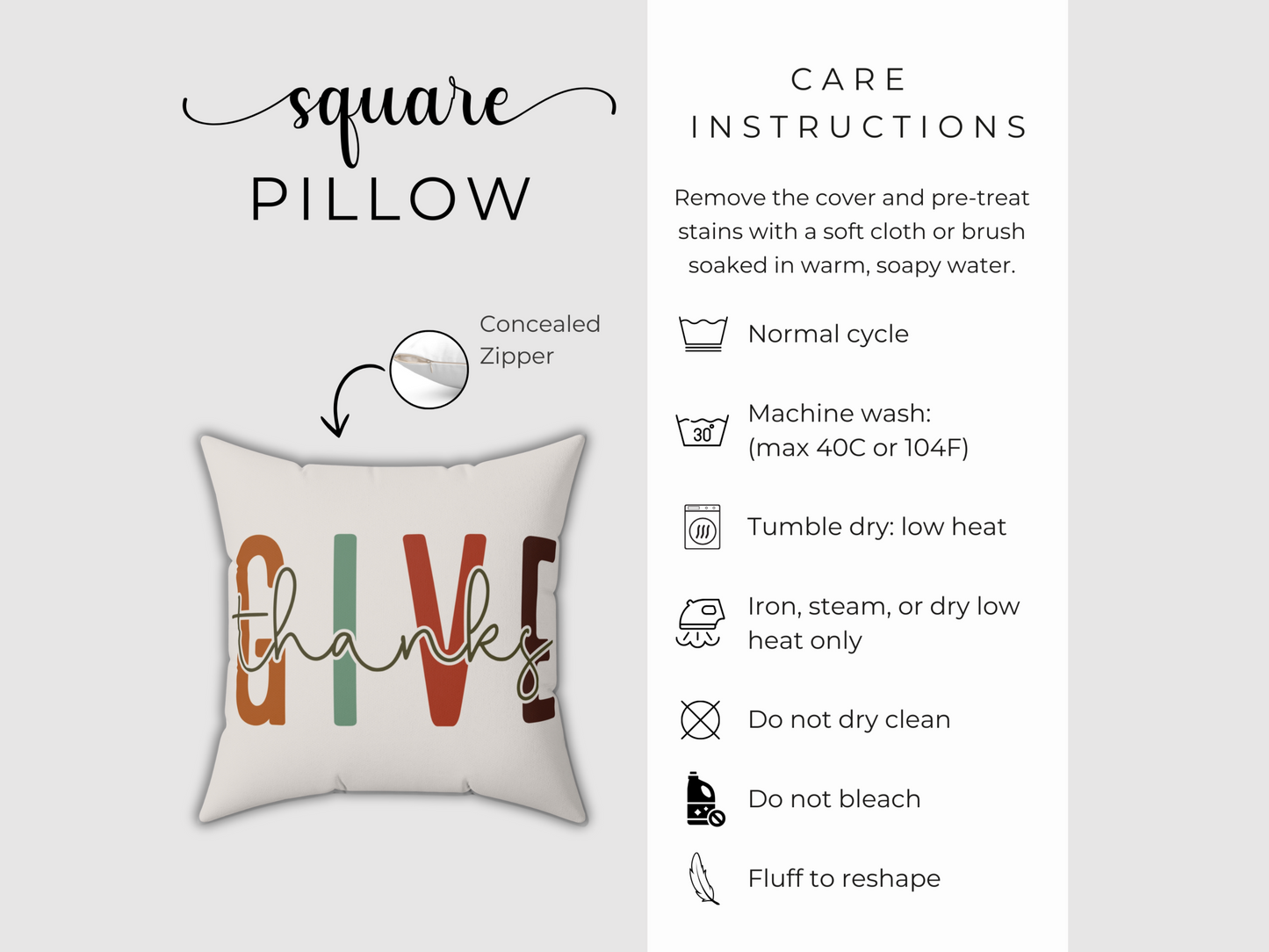 Square pillow with multicolored letters spelling "thanks" and a concealed zipper. Care instructions on the right include washing and drying tips.