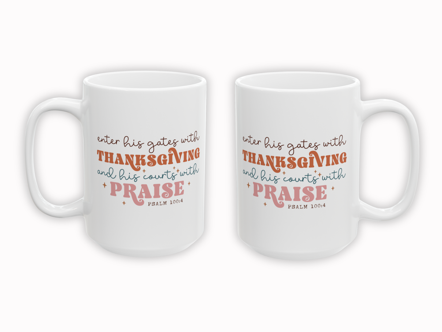 Two white mugs with inspirational text on a white background